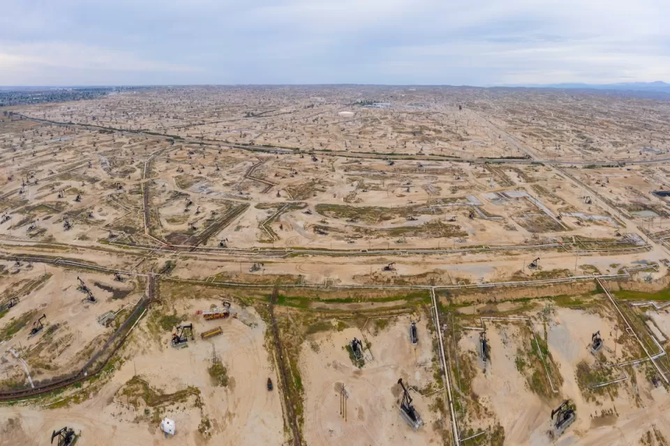 Aerial view of oil fields in Kern County, California.